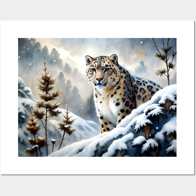 Funny A Proud Snow Leopard Went Hunting, in the Snowy forest, Hight Mountains, Snow Falling, Winter Landscape, Wildlife White Panthera, Watercolor Wall Art by sofiartmedia